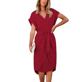 CUPSHE Midi Dress for Women V Neck Short Sleeves Knotted Pockets Tunic Waist Casual Dress Red, L