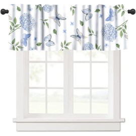 Cortina de cenefa de hortensias de primavera, acuarela de verano, azul, polilla, mariposa, flores de jardín, tratamiento de ventana opaca para granja, cocina, recámara, 54 x 18 pulgadas
