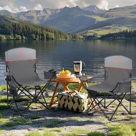 ALPHA CAMP Folding Camping Chairs for Adults Lawn Chairs Outdoor Chairs Support 225 LBS Portable Camp Chairs with Cup Holders Cooler Pouch for Outdoor, 2 Pack (Gray)