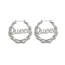Old English Font Queen Word 9cm Large Bamboo Earrings Hip-Pop Style Fashion Party Accessory (A:Silver queen)