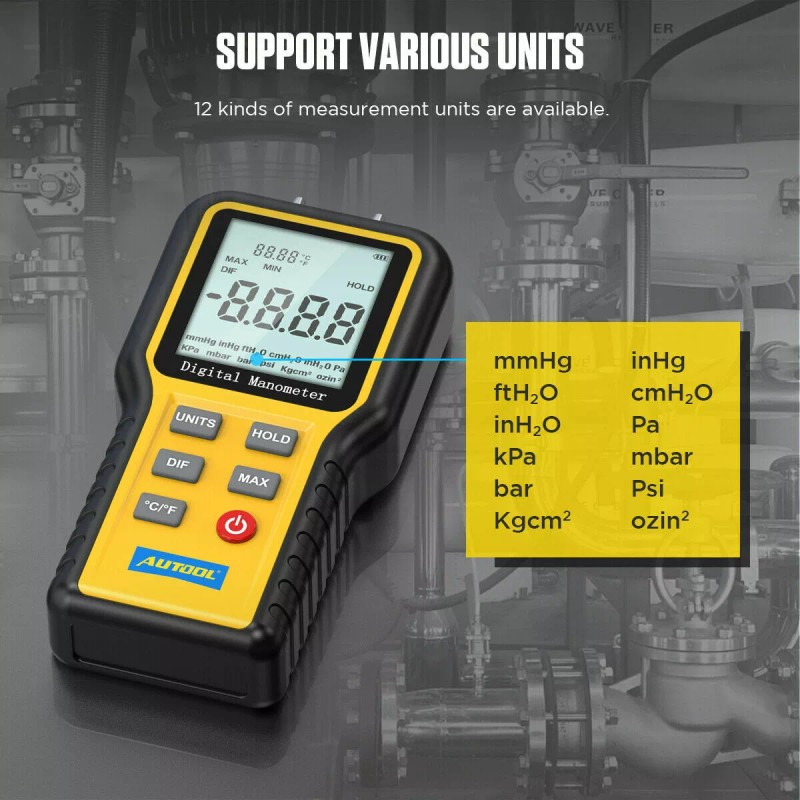 AUTOOL Digital Manometer Dual Port Air Pressure Gauge Meter HVAC/Gas