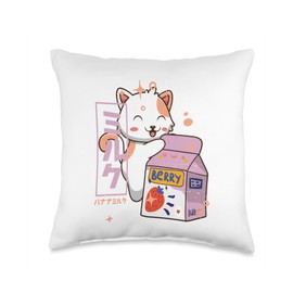 Kawaii Cat - Strawberry Milk Shake - Cute Japanese Kitten Throw Pillow