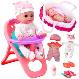 12" Baby Doll Playset Pretend Play Baby Care Toy with Carrier Bassinet Bed, High Chair, Clothes and Accessories for Girls