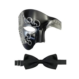 HyperFun Masquerade Mask for Men Phantom of the Opera Half Face Mask with Bowtie, Vintage Venetian Masks for Costume/Theme Parties (Black Earl)