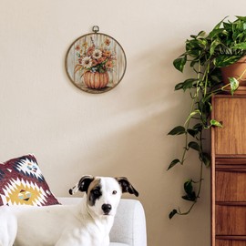 TLESKE Fall Vintage Pumpkin Flower Round Wall Art Decor Framed 10x10, Floral Rustic Farmhouse Canvas Wall Art Prints Artwork, Autumn Wall Hanging Room Decor Decorations for Bathroom Bedroom