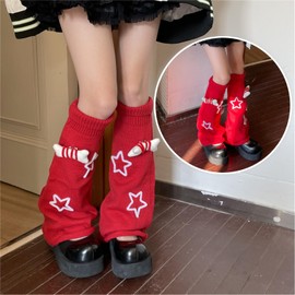 srdmuph Grunge Leg Warmers Socks Fairy Grunge Cloth High Knee Long Boot Knit Socks Star Pattern Bone Accessories Punk Y2K Women (Red, One size)