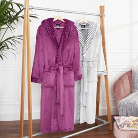 CityComfort Ladies Dressing Gown Fluffy Super Soft Hooded Bathrobe for Women Plush Fleece Perfect Loungewear Long Robe (M, Two Tone Grey)