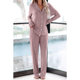 Aamikast Women's Two-piece Classic knit Pajama Sets Long Sleeve Button Down Sleepwear (L, Pink)