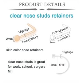 QWALIT Clear Nose Studs for Work Clear Nose Rings for Work Clear Nose Piercing 18g Plastic Nose Rings for Surgery Flat Nose Retainer L Shape 18 g Clear Nose Hoops C Shape 18 Gauge