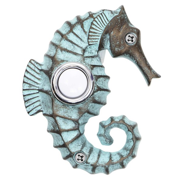 Waterwood Hand Painted Seahorse Doorbell - Wired & Illuminated Push Button Cast in Durable Polyresin