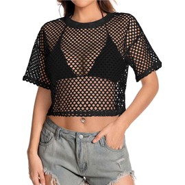 Women's Mesh Top Fishnet T Shirts Sheer Loose Short Sleeve See Through Crop Tops(Black,L)
