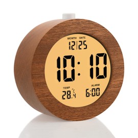 Plumeet Wooden Digital Alarm Clock for Bedrooms, Wood 4'' Battery Powered Alarm Clock with Snooze and Nightlight, Electronic LCD Desk Clock Display Time, Date, Temp, 12/24H, Wood Décor, Round, Sapele