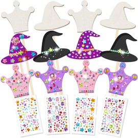 Juexica 12 Pcs Fairy Wands Kit Including 6 Unfinished Wood Crown Wands, 6 Witch Hat Sticks and 4 Sheets Gem Stickers for Witch and Princess Birthday Party Favors Decorations DIY Craft Gift, 2 Styles