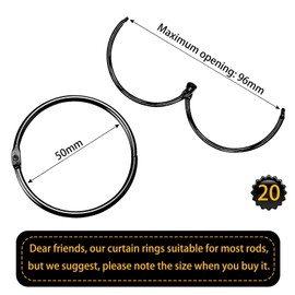 Pack of 20 curtain rings for opening, 50 mm curtain rings, curtain rings, round rings, curtain clips, shower curtain, metal clips for curtains and curtain rods (black)
