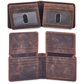 Mens Wallet Real Leather Bifold RFID Blocking High Capacity Card Case with 2 ID Window in Gift Box (Crazy Horse, Cognac)