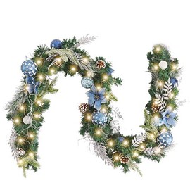 WANNA-CUL Pre-Lit 6 Feet Christmas Garland with Lights for Front Door Silver Blue Christmas Mantel Garland Decoration with Ball Ornaments, Poinsettia Flowers,Pine Cones, Battery Operated 30 LED