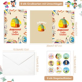 DPKOW Colourful First Day of School Cards for Boys and Girls, 2024 School Child Greeting Cards with Envelopes Stickers, Dinosaur Football Cards, School Cone Unicorn Greeting Cards, First Day of School