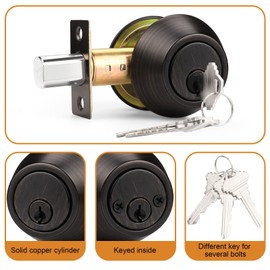 Probrico Double Cylinder Deadbolts with Different Keys, 3 Keys Interior& Exterior Door Hardware for Entrance Lock and Front Gate, Oil Rubbed Bronze, 2 Pack