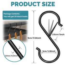 S-Haken im 20er-Set, 9cm S Haken Edelstahl Sicherheitsschnalle Design S haken zum Einhängen S-Förmige Haken Schwerlast Metall Haken, für Küche Werkstatt Badezimmer Garten (Schwarz)