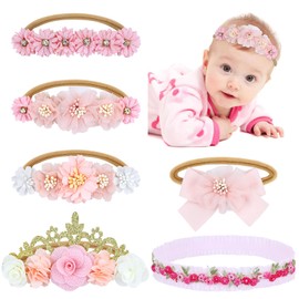 Dizila 6 Pieces Super Soft Stretchy Pink White Baby Girl Bow Flower Nylon Headbands Floral Lace Headbands Hair Accessories for Newborns Infants Toddlers Girls Kids