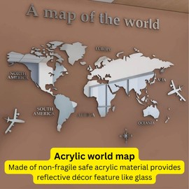 Acrylic World Map Waterproof 3D Wall Decal Décor Stickers for Classroom, Office, Kids Room, Hallway, Library etc. (S, Silver)