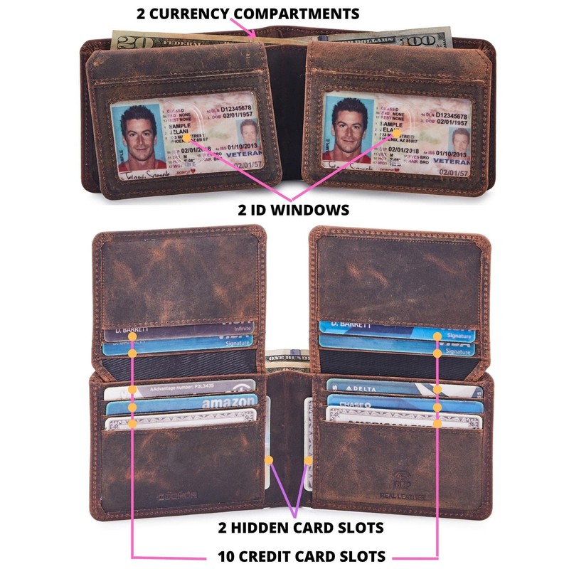 Mens Wallet Real Leather Bifold RFID Blocking High Capacity Card