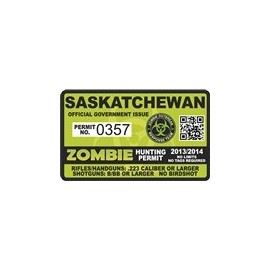 Saskatchewan Zombie Hunting Permit Hunter Response Team Unit 4" Outbreak Sticker