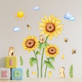 WOHAHA Wall Sticker, Stylish, Flowers, Plants, Sunflower, Bear, Bee, Sun Cloud, Painting-Style Wallpaper Sticker, Removable for Children's Room, School, Bedroom, DIY Wallpaper, For Schools,