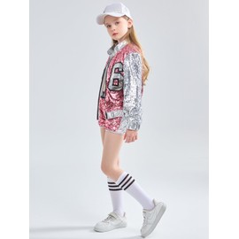 LOLANTA 4-Piece Girls Hip Hop Sequins Costume, Sparkly Graphic Jacket, Shiny Crop Tank Top, Metallic Shorts, Pink, 6-7 Years, 130