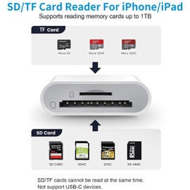 SD Card Reader for iPhone, SD & Micro SD Dual Slots Memory Card Reader for iPad, Plug and Play Trail Game Camera SD Card Viewer, Digital Trail Camera Card Adapter, No App Required