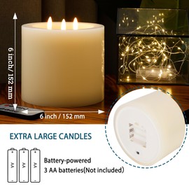 SEHNSY Extra Large Flameless Candles, 6"x6" Battery Operated Candles with Remote, Real Wax 3 Wick Led Candles with 3D Flickering Flame, Fake Candles for Home Decor (Ivory)