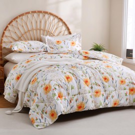JSD 3 Piece Yellow Floral Print Comforter Set King Size, Botanical Microfiber Down Alternative Comforter with Pillow Shams All Season Lightweight Machine Washable