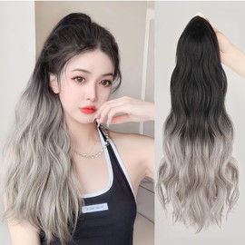 MISS FANCY Two Color Ombre Ponytail Wig 18" - Black + Grey Water Ripple Curly Clip On Heat Resistant Partial Wig Dance Event