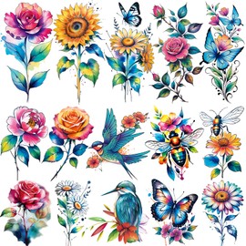Tazimi 3D Large Watercolor Flower Temporary Tattoos For Women Watercolor Roses Flower Butterfly Sunflower Daisy Tattoos Sticker Girls Adults Waterproof Realistic Arm Body Colourful Tattoos
