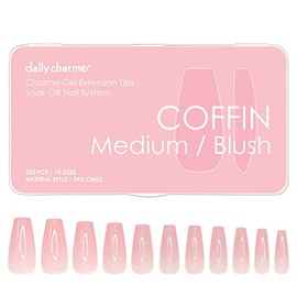 Daily Charme Gel Nail Extension Tips (Coffin Medium, Blush) 500 pcs, 10 Sizes, Pre-shaped Extension Tips, False Nails Gel Tips for Gel Nail Polish Soak Off, Easy DIY Press On Nails