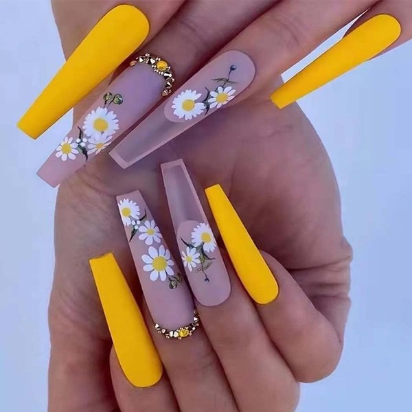 Outyua Super Long Matte Press on Nails Coffin Ballerina Solid Fake Nails Acrylic Artificial Nails False Nails Tips for Women and Girls 24Pcs (Flower Daisy)