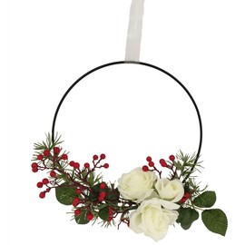 2474U Dekoring Festive White Winter White / Red Lifelike Flowers in Metal Ring Diameter Approx. 33 cm with Organza Ribbon for Hanging Arrangement Roses White Berries Red Cedar Fir