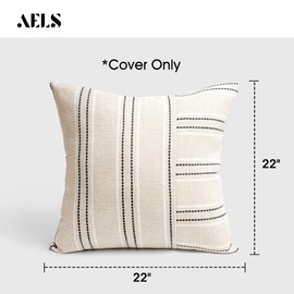 AELS 22x22 Decorative Farmhouse Linen Throw Pillow Covers, Boho Textured Pillow Case, Set of 2, Beige with White & Black Stripe Patchwork Cushion Cover for Sofa Couch Living Room (Cover ONLY)