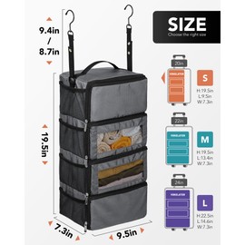 Vokelater Suitcase Organizer, Travel Luggage Organizer Hanging Shelves Packing Cube Organizer Closet/Collapsible Portable Travel Organizer for Carry-on,Small, Grey