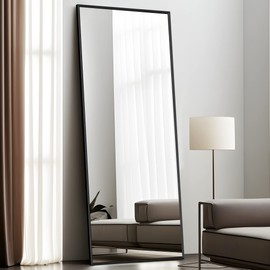 NeuType 47"x16" Full Length Mirror with Standing Holder Aluminum Alloy Frame Floor Mirror Wall-Mounted Mirror for Living Room, Bedroom, Hanging or Leaning Against Wall, Black (with Stand)