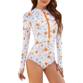 Women Long Sleeve One-Piece Swimsuit: Rash Guard UV UPF 50+ Sun Protection Zip Surfing Bathing Suit XL
