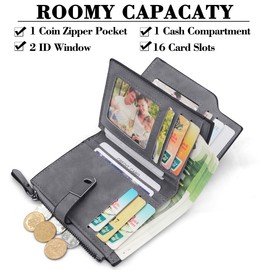 GOUNNU Small Women's PU Leather Mini Purse Women's Small and Short Format Purse Women's Many Compartments Purse Women's with 16 Card Slots and Zip Coin Compartment, gray, Retro