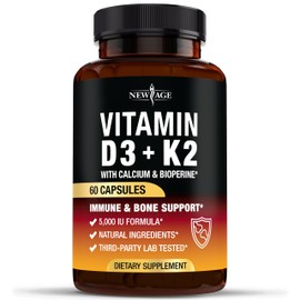 Vitamin D3 5,000 IU + K2 MK-7 100 mcg - 2-in-1 Bone, Immune & Heart Support, Easy to Swallow, Non-GMO - 60 Capsules
