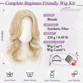 BARSDAR Short Wavy Layered Blonde Wig - Shoulder Length Wavy Blonde Wigs for Women - Short Loose Wave Textured Layered Wig with Face-Framing Curtain Bangs Soft Synthetic Natural Looking Daily Party