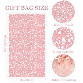 Jaywayang Extra Large Plastic Gift Bag, Jumbo Baby Girl Gift Bag with Ribbon and Tag for Birthday, Baby Shower Giant Gifts Wrapping (60" Pink)