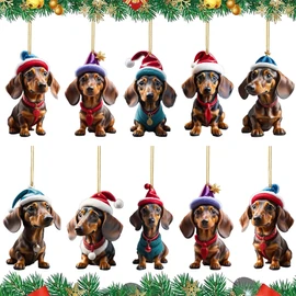 Dachshund Christmas Decoration, Pack of 10 Christmas Tree Decorations, Dachshund, 2D Christmas Pendants, Dachshund Gifts, for Car Ornament Gifts and Home Decorations, Party Supplies