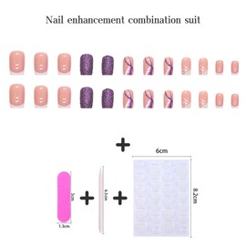 24pcs French False Nails Short White Tip Stick on Nails Square Press on Nails Purple Glitter Removable Glue-on Nails Full Cover Fake Nails Women Girls Nail Art Accessories
