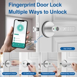 BIWIBON Fingerprint Door Lock, 5 in 1 Smart Door Knob with Smart APP/Fingerprint/IC Cards/Password/Backup Keys, Finger Print Door Knob with Keypad for Bedroom, Office, Apartment, Silver, 3 Pack