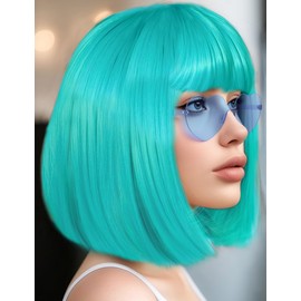 MIUSKATL Wig and Sunglasses 12 Inch Short Bob Wigs with Bangs for Women Costume Cosplay Party (Turquoise)