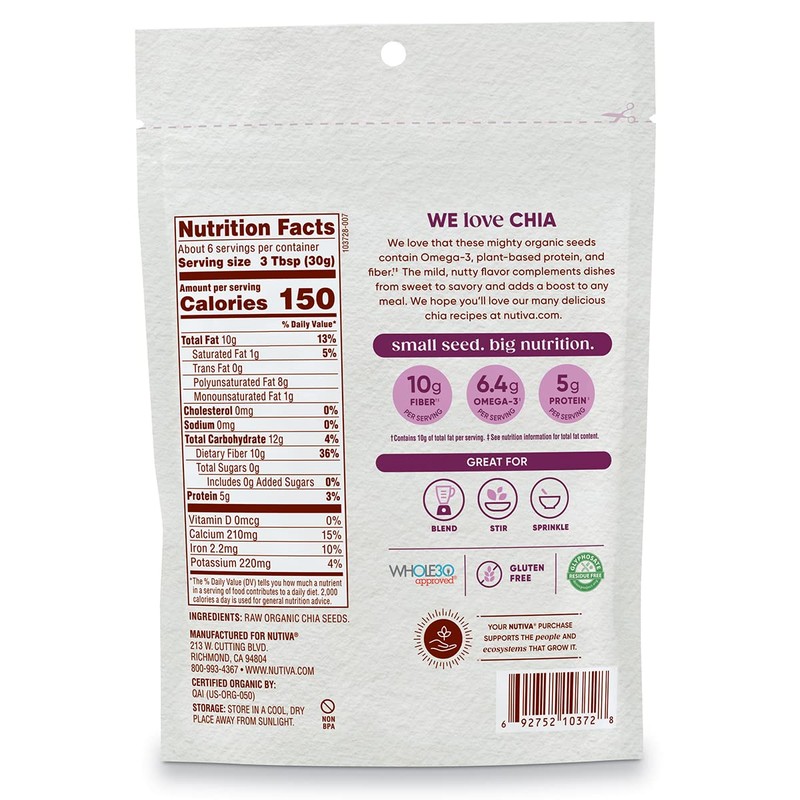 Nutiva Organic, Premium Chia Seeds, Black, 6 Ounce